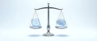 Silver scales of justice with transparent glass pans containing blue liquid on clean white background for legal and pharmaceutical balance concepts.