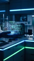 Scientist in blue gloves holding holographic digital interface with network systems in modern laboratory setting with neon lighting for technology and innovation concepts.