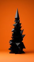 Geometric black spiky tower structure with sharp angular facets stacked vertically against vibrant orange background. Modern abstract art for contemporary design projects.