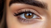 Close up view of brown eye with long eyelashes, natural makeup, and defined eyebrow showing professional beauty and cosmetic artistry details.