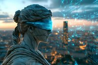 Statue with blindfold illuminated by futuristic blue digital particles against urban cityscape at sunset, symbolizing justice and technology transformation period.