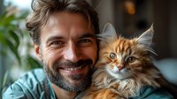 Smiling bearded Caucasian man in casual attire holding fluffy ginger Maine Coon cat, close-up portrait showing bond between pet owner and feline companion.