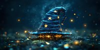 Magical wizard hat glowing with stars and sparkles against dark background, mystical blue light and golden bokeh effects create enchanting fantasy atmosphere.