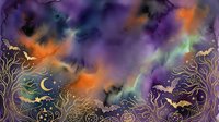 Watercolor Halloween background with bats, crescent moon, stars, and golden botanical elements on dark purple and orange sky.