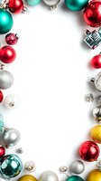 Festive Christmas ornaments in red, teal, silver, and gold creating frame border on white background with copy space for holiday designs.