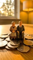 Elderly couple figurines sitting on scattered coins representing retirement savings and financial planning for senior years in warm home setting.