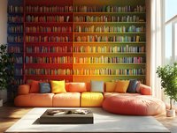 Modern living room interior with rainbow colored bookshelf wall, coral sectional sofa, decorative pillows, and natural light from window creating cozy reading atmosphere.