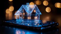 Glowing blue hologram house floating above smartphone screen with bokeh lights background creates futuristic real estate technology concept.