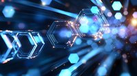 Glowing hexagonal molecular structure with blue neon light effect against dark background, abstract science and technology concept visualization.