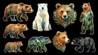 Set of nine watercolor bear stickers isolated on transparent background, featuring grizzly, polar, and black bears with forest and mountain designs, ready for clipart, t-shirt, and print on demand use.