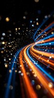 Dynamic light trails streaming through cosmic space with glowing particles and bokeh effects creating futuristic digital energy flow against starry background.