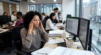Stressed businesswoman with curly hair working at computer in modern office environment with diverse team of professionals in background.