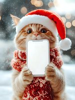 Orange tabby cat wearing red and white Santa hat and knitted sweater holding blank white sign, snowy winter background with bokeh lights, isolated cutout ready for holiday greeting cards, social media posts, and festive design projects.