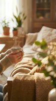 Person holding warm beverage in cozy bedroom with potted plants, natural sunlight, and comfortable bedding. Relaxing morning or afternoon scene for wellness, lifestyle, and home decor content.