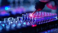 Laboratory pipette dispensing sample into multiwell plate with glowing red and blue lights, scientific research equipment in modern biotechnology facility.
