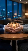 Business hands protecting glowing paper cutout people figures in modern office setting representing teamwork, employee care and human resources management.