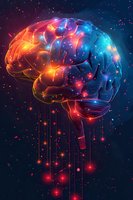 Glowing neon brain with vibrant orange and blue colors against dark space background, representing artificial intelligence and neural networks.
