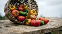 Woven basket overflowing with fresh red and yellow apples and green vegetables on rustic wooden surface, ideal for farmers market, harvest, and organic produce marketing.