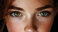 Young Caucasian woman with striking green eyes and natural freckles, close-up portrait with soft lighting for beauty and skincare campaigns.