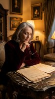 Mature Caucasian woman with gray hair reading documents in elegant vintage study room with classical paintings and warm lighting atmosphere.