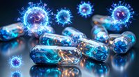 Medical capsules surrounded by glowing blue coronavirus particles in futuristic healthcare concept for antiviral treatment and pharmaceutical research.