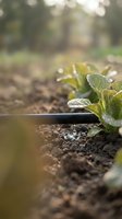 Young seedlings with water droplets growing in soil next to drip irrigation tubing in garden, suitable for agriculture, gardening, and sustainable farming concepts.