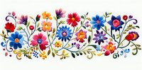 Colorful folk art floral border with bright wildflowers, daisies and decorative leaves in watercolor style on white background, suitable for textile design.