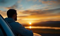 Young man watching sunset from car window, silhouetted against dramatic orange sky and reflective water surface. Peaceful moment captures tranquility and wanderlust.