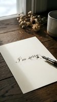 Handwritten I'm sorry note in elegant calligraphy on paper with fountain pen, dried flowers, and mug on rustic wooden table.