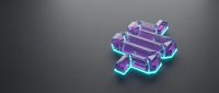 Purple and teal translucent crystal puzzle piece with glowing edges on dark background for business solutions and teamwork concepts.