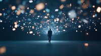Silhouette of man standing in dark space surrounded by glowing particles and bokeh lights creating magical atmosphere for spiritual and inspirational concepts.