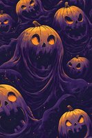 Spooky glowing jack o'lanterns with ghostly purple smoke effects on dark background create haunting Halloween pattern for seasonal designs and decorations.