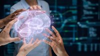 Hands protecting glowing digital brain hologram with neural networks and data visualization in futuristic medical technology concept for AI healthcare innovation.
