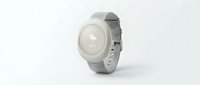 Minimalist smartwatch with round face and gray silicone band displaying time on white background, isolated for product design and tech marketing use.