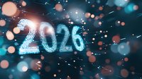 Glowing neon number 2026 with sparkles and bokeh lights on dark blue background, festive new year celebration atmosphere with blurred particles.