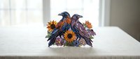 Two ravens perched on autumn sunflowers with fall leaves in watercolor style, isolated on transparent background for seasonal design projects.