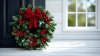 Festive Christmas wreath with red bow and berries hanging on dark front door of white house, holiday home decoration.
