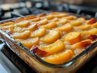 Fresh peach cobbler dessert baking in glass dish with arranged sliced peaches on top, golden brown caramelized surface showing bubbling syrup and fruit arrangement.