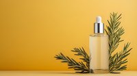 Natural skincare serum bottle with rosemary herbs on golden background for organic beauty and wellness product marketing campaigns.