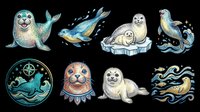 Cute seal clipart set with 8 illustrated elements, isolated on transparent background. Great for stickers, t-shirt design, print on demand, sublimation, and nursery decor.