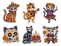 Day of the Dead cat characters with colorful skull face paint, wearing traditional Mexican clothing and sombreros, playing guitar and maracas, isolated on white background for design use.