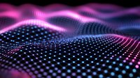 Abstract digital wave pattern with glowing pink and blue dots forming dynamic surface, futuristic technology background with particle grid motion effect.