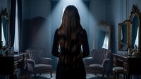 Woman with long dark hair in elegant black dress standing in luxurious vintage salon with ornate mirrors and antique furniture in dramatic lighting.