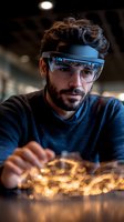 Engineer or technician wearing protective eyewear examining glowing circuit board or electronic component in workshop setting, representing innovation, technology development, and professional expertise.