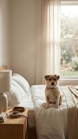 Small terrier dog sitting on unmade bed in bright bedroom with natural sunlight streaming through window creating cozy morning atmosphere.