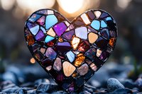 Colorful mosaic heart made of stained glass pieces in purple, blue and amber tones, illuminated from behind on dark stones background. Romantic symbol.