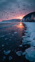 Dramatic winter sunset over coastal town with flock of birds flying above icy shoreline, snow-covered beach, and colorful sky reflecting on partially frozen water.