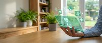 Businessman holding tablet with green leaf icons and sustainability symbols floating above screen, representing eco-friendly technology and environmental business solutions for corporate sustainability initiatives.