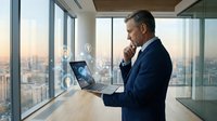 Mature businessman in suit working on laptop in modern office with city skyline view during golden hour, professional executive planning strategy.