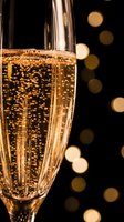 Champagne flute filled with sparkling wine and effervescent bubbles against blurred golden bokeh lights on dark background, perfect for celebrations, toasts, and festive occasions.